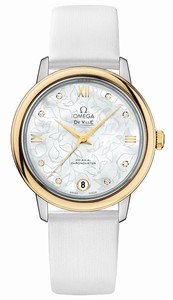 Omega De Ville Prestige Automatic Chronometer White Mother of Pearl Diamond Dial Date White Satin-Brushed Leather Watch# 424.22.33.20.55.002 (Women Watch)