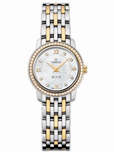 Omega 24.4mm Prestige Quartz White Mother Of Pearl Dial Yellow Gold Case, Diamonds With Yellow Gold And Stainless Steel Bracelet Watch #424.25.24.60.55.001 (Women Watch)