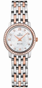 Omega De Ville Prestige Quartz White Mother of Pearl Diamond Dial Diamond 18k Rose Gold Bezel Watch# 424.25.24.60.55.002 (Women Watch)