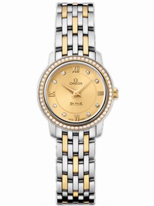 Omega 24.4mm Prestige Quartz Champagne Gold Dial Yellow Gold Case, Diamonds With Yellow Gold And Stainless Steel Bracelet Watch #424.25.24.60.58.001 (Women Watch)