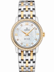 Omega 27.4mm Prestige Quartz White Mother Of Pearl Dial Yellow Gold Case, Diamonds With Yellow Gold And Stainless Steel Bracelet Watch #424.25.27.60.55.001 (Women Watch)