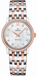 Omega De Ville Prestige Quartz Mother of Pearl Diamond Dial Diamond Bezel 18k Rose Gold and Stainless Steel Watch# 424.25.27.60.55.002 (Women Watch)