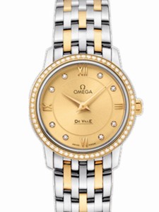 Omega 27.4mm Prestige Quartz Champagne Gold Dial Yellow Gold Case, Diamonds With Yellow Gold And Stainless Steel Bracelet Watch #424.25.27.60.58.001 (Women Watch)