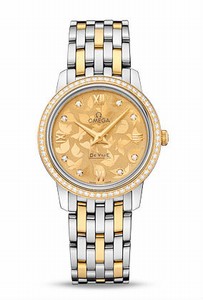 Omega De Ville Prestige Quartz Champagne Diamond Dial Diamond Bezel 18k Yellow Gold and Stainless Steel Watch# 424.25.27.60.58.002 (Women Watch)
