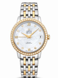 Omega 32.7mm Prestige Co-Axial White Mother Of Pearl Dial Yellow Gold Case, Diamonds With Yellow Gold And Stainless Steel Bracelet Watch #424.25.33.20.55.001 (Women Watch)