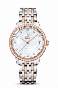 Omega De Ville Prestige Co-Axial Automatic Chronometer White Mother of Pearl Diamond Dial Date Diamond Bezel Rose Gold and Stainless Steel Watch# 424.25.33.20.55.002 (Women Watch)