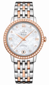Omega De Ville Prestige Automatic Chronometer White Mother of Pearl Diamond Dial Date Diamond Bezel 18k Rose Gold and Stainless Steel Watch# 424.25.33.20.55.003 (Women Watch)