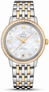 Omega De Ville Prestige Co-Axial Automatic Chronometer White Mother of Pearl Diamond Dial Date 18k Yellow Gold Diamond Bezel Watch# 424.25.33.20.55.004 (Women Watch)