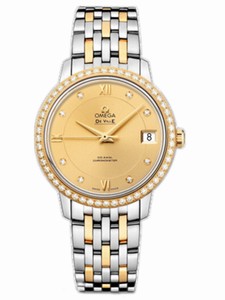 Omega 32.7mm Prestige Co-Axial Gold Champagne Dial Yellow Gold Case, Diamonds With Yellow Gold And Stainless Steel Bracelet Watch #424.25.33.20.58.001 (Women Watch)