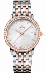 Omega De Ville Prestige Co-Axial Automatic Chronometer Diamond Date Dial 18k Rose Gold Diamond Bezel Watch# 424.25.37.20.52.001 (Men Watch)