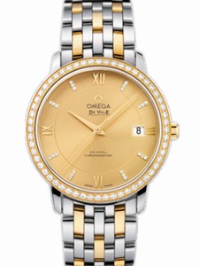 Omega 36.8mm Prestige Co-Axial Champagne Gold Dial Yellow Gold Case, Diamonds With Yellow Gold And Stainless Steel Bracelet Watch #424.25.37.20.58.001 (Men Watch)