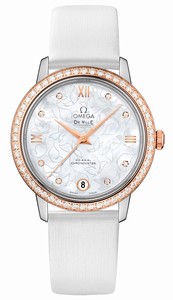 Omega Deville Prestige Co-Axial Automatic Chronometer Mother of Pearl Diamond Dial 18k Rose Gold Diamond Bezel White Leather Watch# 424.27.33.20.55.001 (Women Watch)