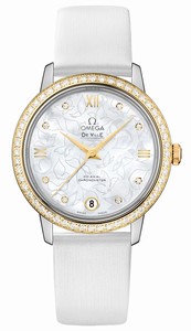Omega De Ville Prestige Co-Axial White Mother of Pearl Diamond Dial Date 18k Yellow Gold Diamond Bezel White Satin Brushed Leather Watch# 424.27.33.20.55.002 (Women Watch)