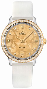 Omega De Ville Prestige Quartz Champagne Diamond Dial 18k Yellow Gold Diamond Bezel White Satin Brushed Leather Watch# 424.27.33.60.58.001 (Women Watch)