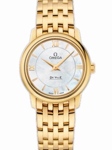 Omega 27.4mm Prestige Quartz White Mother Of Pearl Dial Yellow Gold Case With Yellow Gold Bracelet Watch #424.50.27.60.05.001 (Women Watch)