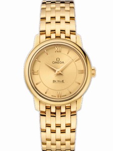 Omega 27.4mm Prestige Quartz Champagne Gold Dial Yellow Gold Case With Yellow Gold Bracelet Watch #424.50.27.60.08.001 (Women Watch)
