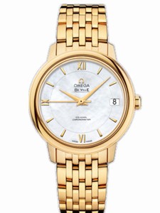Omega 32.7mm Prestige Co-Axial White Mother Of Pearl Dial Yellow Gold Case With Yellow Gold Bracelet Watch #424.50.33.20.05.001 (Women Watch)