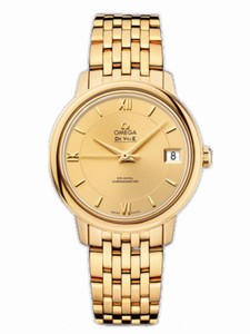 Omega 32.7mm Prestige Co-Axial Champagne Gold Dial Yellow Gold Case With Yellow Gold Bracelet Watch #424.50.33.20.08.001 (Women Watch)