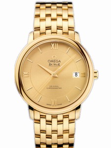 Omega 36.8mm Prestige Co-Axial Champagne Gold Dial Yellow Gold Case With Yellow Gold Bracelet Watch #424.50.37.20.08.001 (Men Watch)