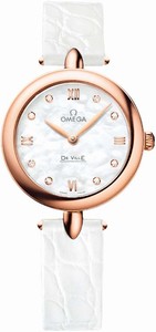 Omega De Ville Prestige Dewdrop 18k Red Gold Case White Leather Watch # 424.53.27.60.55.002 (Women Watch)