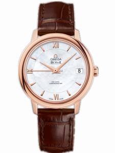 Omega 32.7mm Prestige Co-Axial White Mother Of Pearl Dial Rose Gold Case With Brown Leather Strap Watch #424.53.33.20.05.001 (Women Watch)