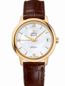 Omega 32.7mm Prestige Co-Axial White Mother Of Pearl Dial Yellow Gold Case With Brown Leather Strap Watch #424.53.33.20.05.002 (Women Watch)