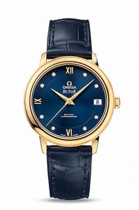 Omega De Ville Prestige Co-Axial Automatic Chronometer Blue Diamond Date Dial 18k Yellow Gold Case Blue Leather Watch# 424.53.33.20.53.002 (Women Watch)