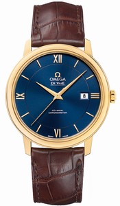 Omega De Ville Prestige Co-Axial Automatic Chronometer Blue Dial Date 18k Yellow Gold Case Brown Leather Watch# 424.53.40.20.03.001 (Men Watch)