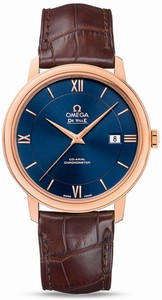 Omega De Ville Prestige Co-Axial Automatic Chronometer Blue Dial Date 18k Rose Gold Case Brown Leather Watch# 424.53.40.20.03.002 (Men Watch)
