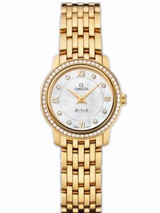 Omega 24.4mm Prestige Quartz White Mother Of Pearl Dial Yellow Gold Case, Diamonds With Yellow Gold Bracelet Watch #424.55.24.60.55.001 (Women Watch)