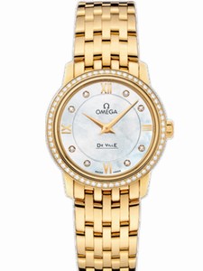 Omega 27.4mm Prestige Quartz White Mother Of Pearl Dial Yellow Gold Case, Diamonds With Yellow Gold Bracelet Watch #424.55.27.60.55.001 (Women Watch)