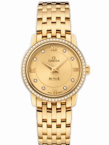 Omega 27.4mm Prestige Quartz Champagne Gold Dial Yellow Gold Case, Diamonds With Yellow Gold Bracelet Watch #424.55.27.60.58.001 (Women Watch)