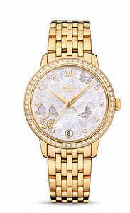Omega De Ville Prestige Co-Axial White Mother of Pearl Diamond Dial Diamond Bezel 18k Yellow Gold Watch# 424.55.33.20.55.005 (Women Watch)