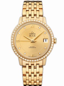 Omega 32.7mm Prestige Co-Axial Champagne Gold Dial Yellow Gold Case, Diamonds With Yellow Gold Bracelet Watch #424.55.33.20.58.001 (Women Watch)