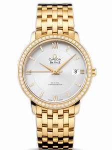 Omega 36.8mm Prestige Co-Axial Silver Dial Yellow Gold Case, Diamonds With Yellow Gold Bracelet Watch #424.55.37.20.52.002 (Men Watch)