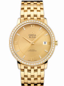 Omega 36.8mm Prestige Co-Axial Champagne Gold Dial Yellow Gold Case, Diamonds With Yellow Gold Bracelet Watch #424.55.37.20.58.001 (Men Watch)