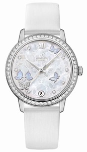 Omega De Ville Prestige Co-Axial White Mother of Pearl Diamond Dial 18k White Gold Diamond Case White Satin-Brushed Leather Watch# 424.57.33.20.55.001 (Women Watch)