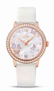 Omega De Ville Prestige Co-Axial Automatic White Mother of Pearl Diamond Dial 18k Rose Gold Diamond Case White Satin-Brushed Leather Watch# 424.57.33.20.55.002 (Women Watch)