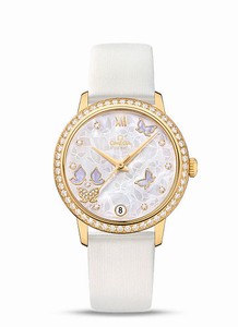 Omega De Ville Prestige Co-Axial Mother of Pearl Diamond Dial 18k Yellow Gold Diamond Case White Satin-Brushed Leather Watch# 424.57.33.20.55.003 (Women Watch)