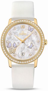 Omega De Ville Prestige Co-Axial Automatic White Mother of Pearl Diamond Dial 18k Yellow Gold Diamond Case White Satin-Brushed Leather Watch# 424.57.37.20.55.001 (Women Watch)
