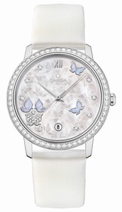 Omega De Ville Prestige Co-Axial Automatic White Mother of Pearl Diamond Dial 18k White Gold Diamond Case White Satin-Brushed Leather Watch# 424.57.37.20.55.002 (Women Watch)