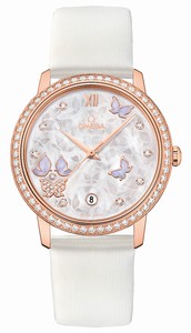 Omega De Ville Prestige Co-Axial Automatic White Mother of Pearl Diamond Dial 18k Rose Gold Diamond Case White Satin-Brushed Leather Watch# 424.57.37.20.55.003 (Women Watch)
