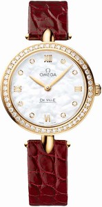 Omega De Ville Prestige Dewdrop Diamond Bezel 18k Yellow Gold Case Red Leather Watch# 424.58.27.60.55.001 (Women Watch)