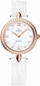 Omega De Ville Prestige Dewdrop Diamond Bezel 18k Red Gold Case White Leather Watch# 424.58.27.60.55.002 (Women Watch)
