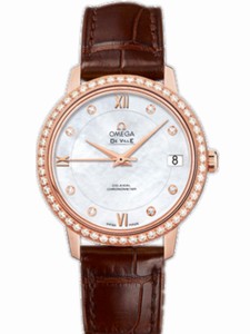 Omega 32.7mm Prestige Co-Axial White Mother Of Pearl Dial Rose Gold Case, Diamonds With Brown Leather Strap Watch #424.58.33.20.55.001 (Women Watch)