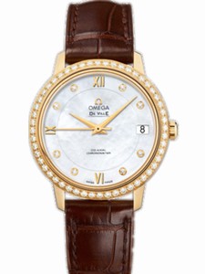 Omega 32.7mm Prestige Co-Axial White Mother Of Pearl Dial Yellow Gold Case, Diamonds With Brown Leather Strap Watch #424.58.33.20.55.002 (Women Watch)