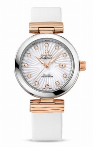 Omega De Ville Ladymatic Co-Axial White Mother of Pearl Diamond Dial Date Satin-Brushed White Leather Watch# 425.22.34.20.55.001 (Women Watch)