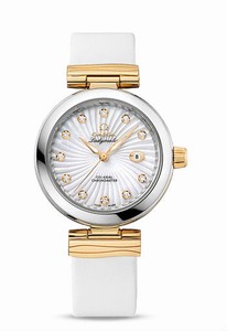 Omega De Ville Ladymatic Automatic White Mother of Pearl Diamond Dial Date Satin- Brushed White Leather Watch# 425.22.34.20.55.002 (Women Watch)