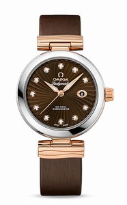 Omega De Ville Ladymatic Co-Axial Chronometer Diamond Indexes Date Dial Brown Satin-Brushed Leather Watch# 425.22.34.20.63.001 (Women Watch)