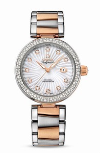 Omega De Ville Ladymatic Co-Axial White Mother of Pearl Diamond Dial Diamond Bezel 18k Rose Gold and Stainless Steel Watch# 425.25.34.20.55.001 (Women Watch)